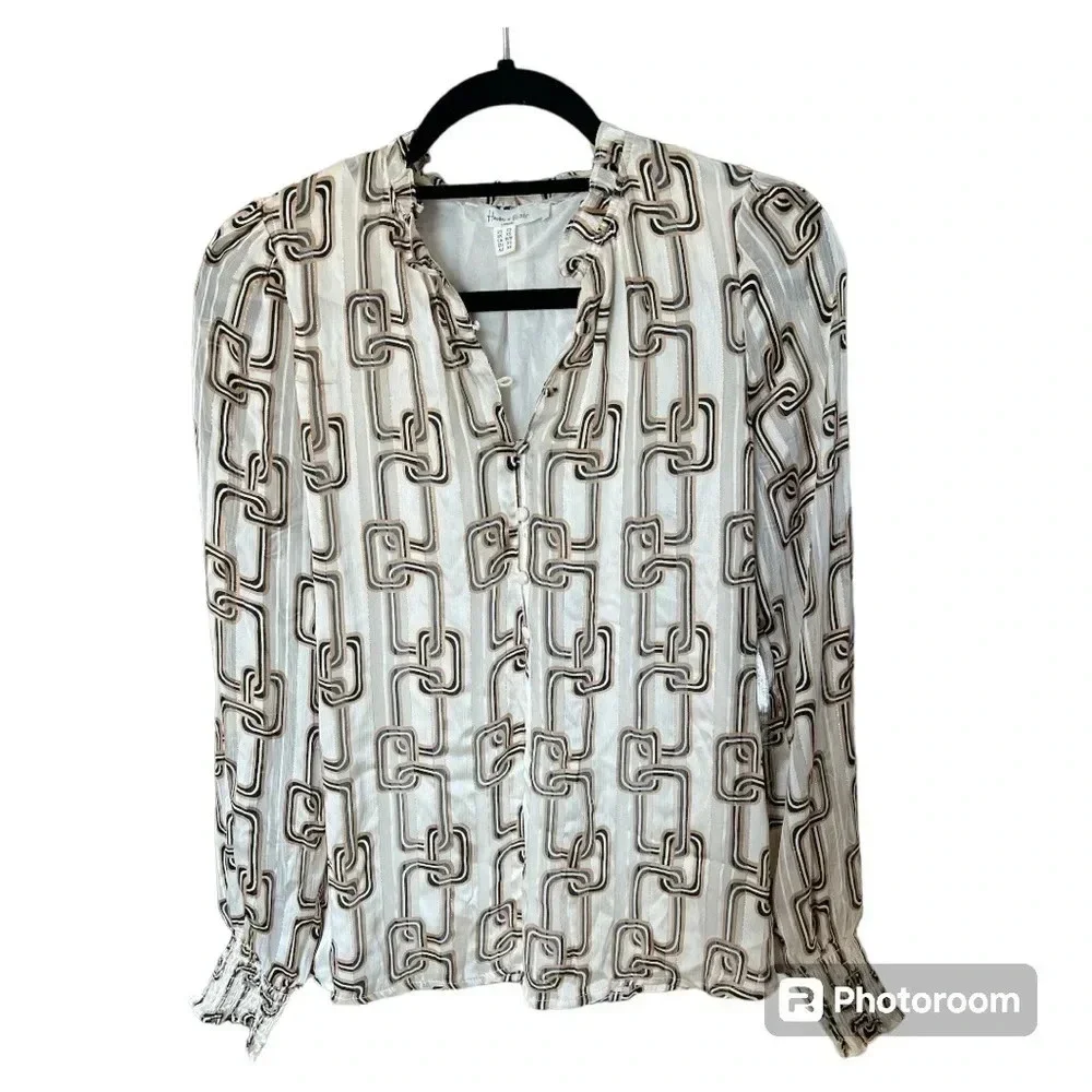 HAVER + BLAIR ivory/beige/black chain blouse size :XS - Picture 3 of 8